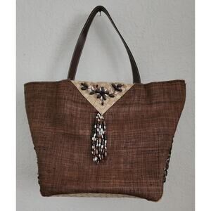 Tote/Purse-Brown-Beaded-Woven Straw-Snap Closure-Tassel-Large Size-Carry On